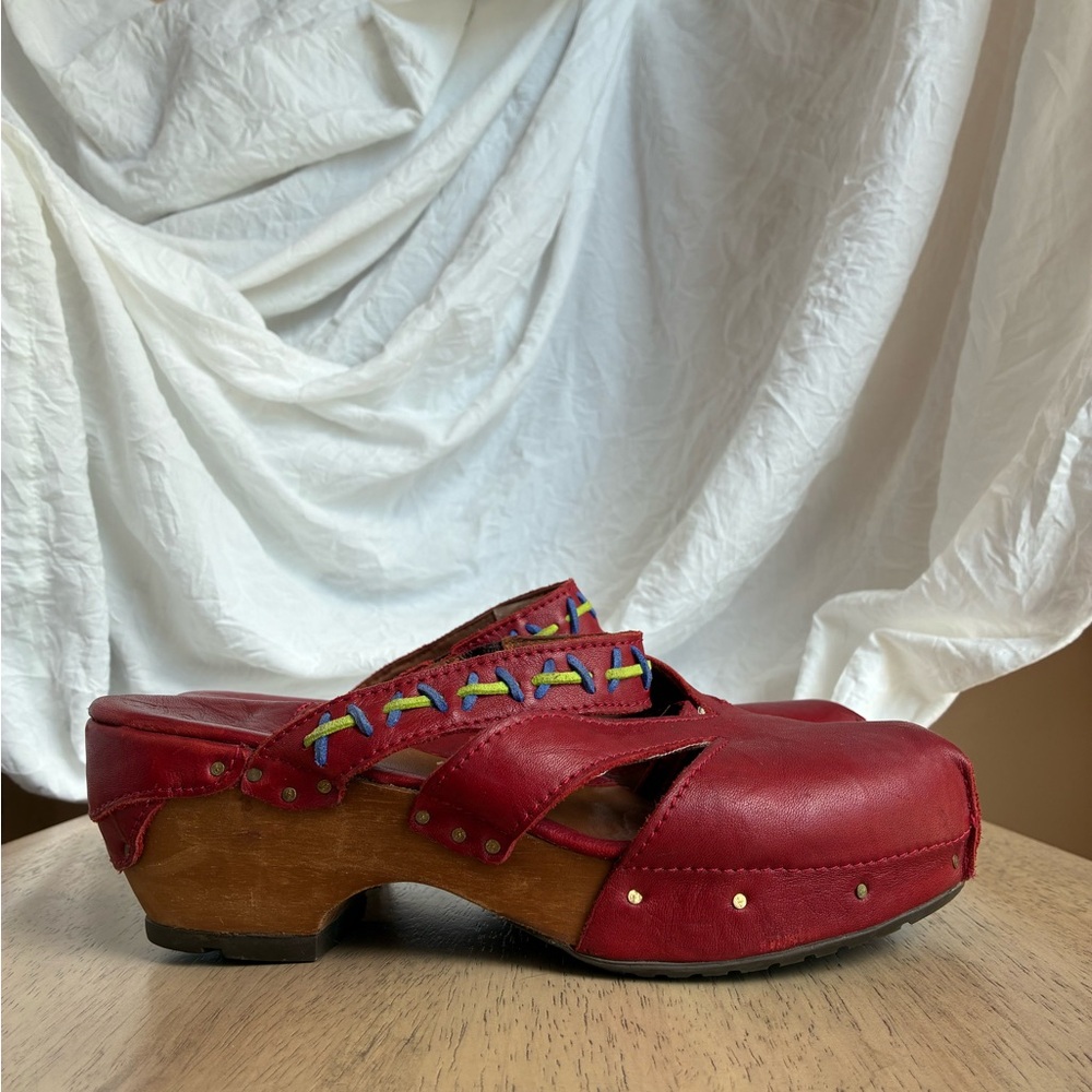 Red Leather Women's Mules with Colorful Stitching
